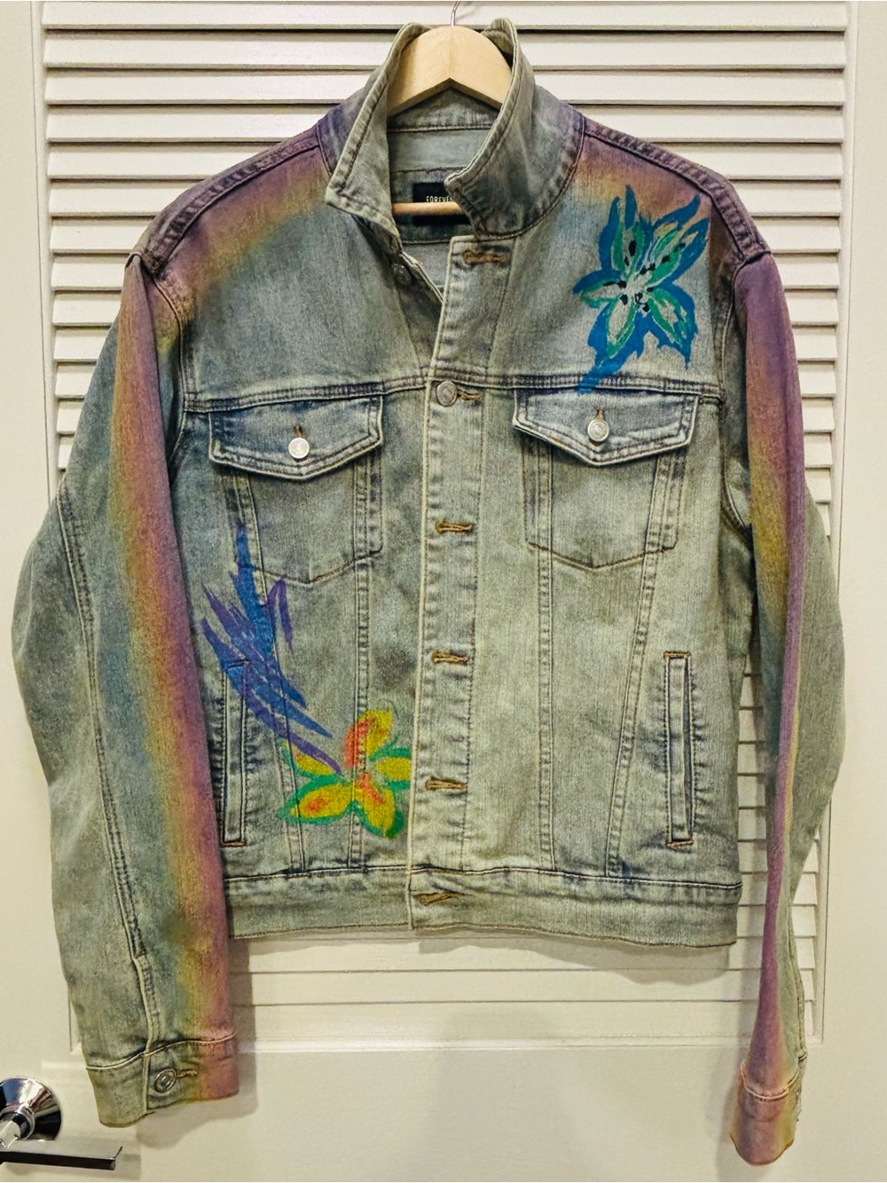Forever 21 Light Wash Denim Jacket with Rainbow Floral Accents